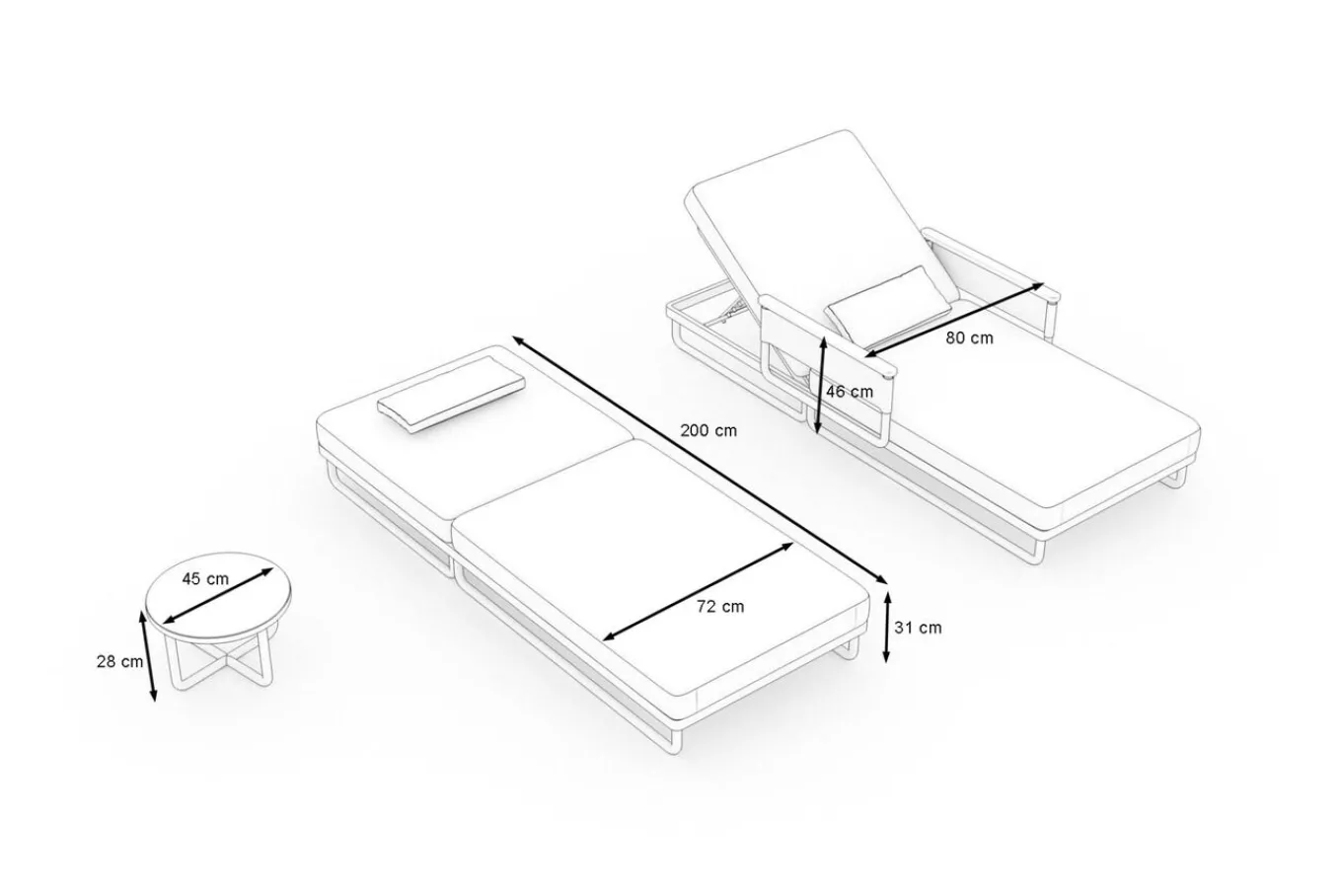Reverie Gartenliegen 2er Set, creme/anthrazit, Aluminium/Polyester, Holzdekor, 200 x 82 cm, verstellbar, inkl. Beistelltisch Gartenliegen