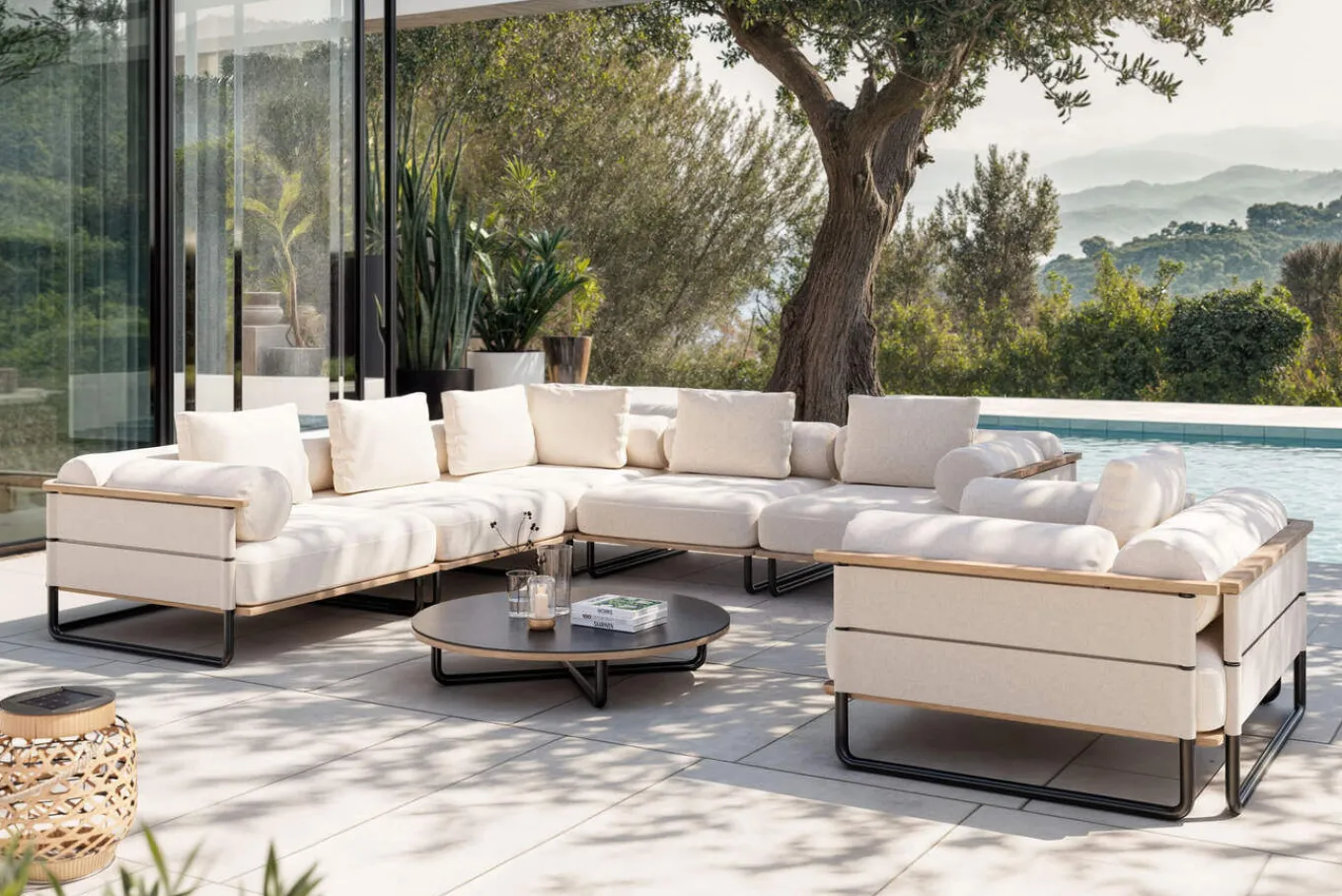 Best Reverie L Gartenlounge, creme/anthrazit, Alu/Polyester/Schaumstoff, 90 Ø cm Tisch , wetterfest, inkl. Kissen Gartenlounge