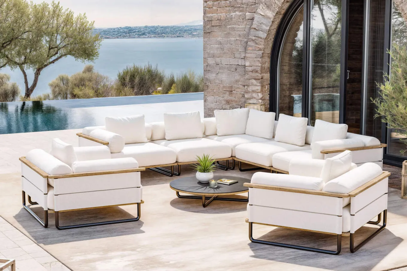 Discount Reverie XL Gartenlounge, creme/anthrazit, Aluminium/Polyester/Glas, pulverbeschichtet, Holzdekor, ca. 110 x 90 cm, inkl. Kissen Gartenlounge