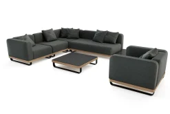 Best Solera L Gartenlounge, anthrazit/schwarz,, Alu/Polyester/Glas, ca. 368 x 290 cm, Holzdekor, Quick Dry Foam, inkl. Polster Gartenlounge
