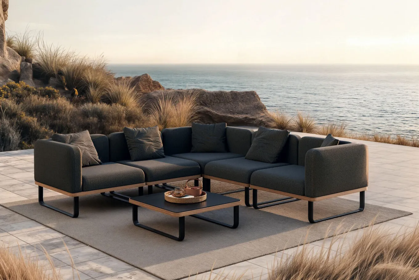 Discount Solera Light Gartenlounge, anthrazit, Alu/Polyester/Glas, 320 x 240 cm, wetterfest, Holzdekor, inkl. Kissen Gartenlounge