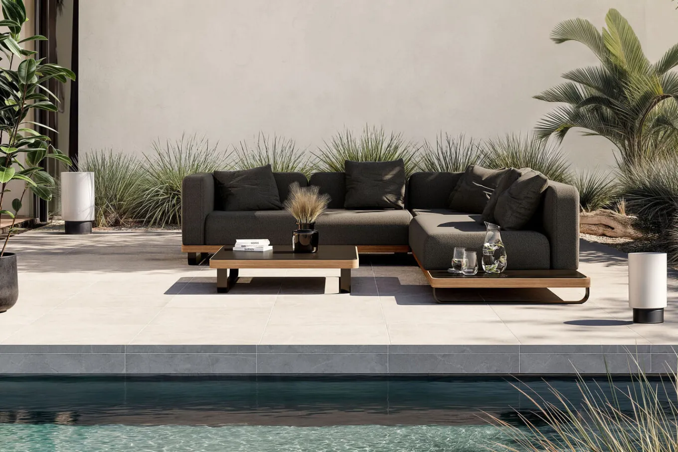 Outlet Solera M Gartenlounge, anthrazit/schwarz, Alu/Polyester/Glas, 290 x 200 cm, wetterfest, Quick Dry Foam, Holzdekor Gartenlounge