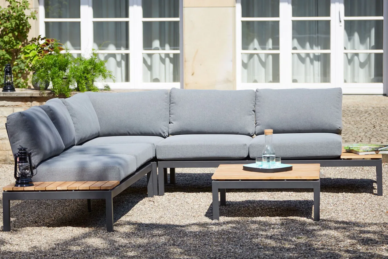New Alvida Lounge Set, matt anthrazit/grau, Alu/Ranotex®-Gewebe/Teak, Tisch 74x74cm, inkl. Polster Gartenlounge|Aluminium-Gartenmöbel