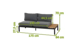 Sale Alvida Zweisitzer rechts, anthrazit/natur, Aluminium/Ranotex/Teak, 84x175x70 cm, inkl. Polster Gartenlounge|Aluminium-Gartenmöbel