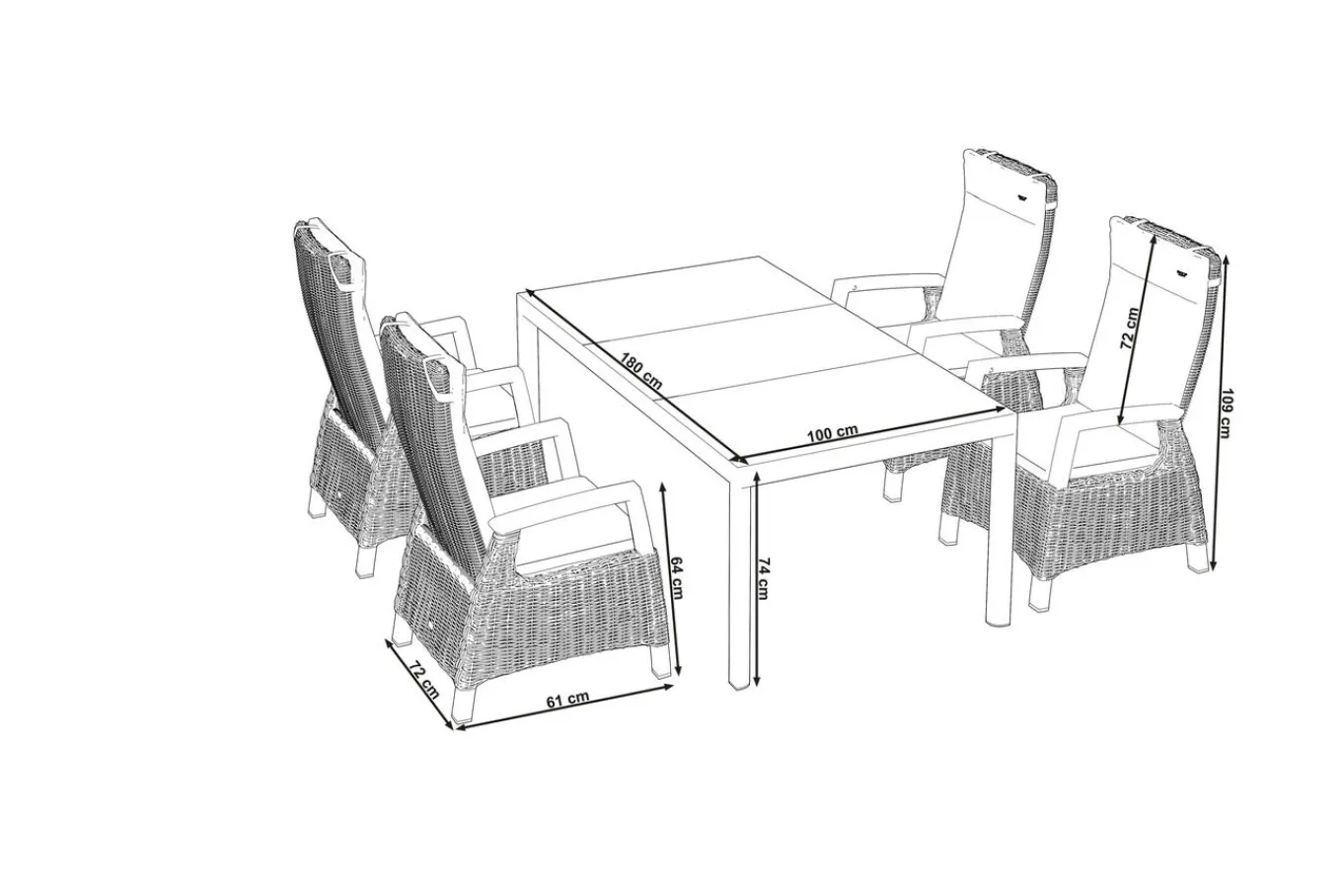 Discount Carlos/Corido Garten-Essgruppe, anthrazit/grau, Alu/Geflecht/Keramik, Esstisch 180 x 100 cm, inkl. 4 Dining Sessel Garten-Essgruppen