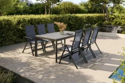 Carlos Garten-Essgruppe mit 6 Klappstühlen, anthrazit/grau, Alu/Textilene, Esstisch mit Keramikplatte 180 x 100 cm Garten-Essgruppen|Aluminium-Gartenmöbel