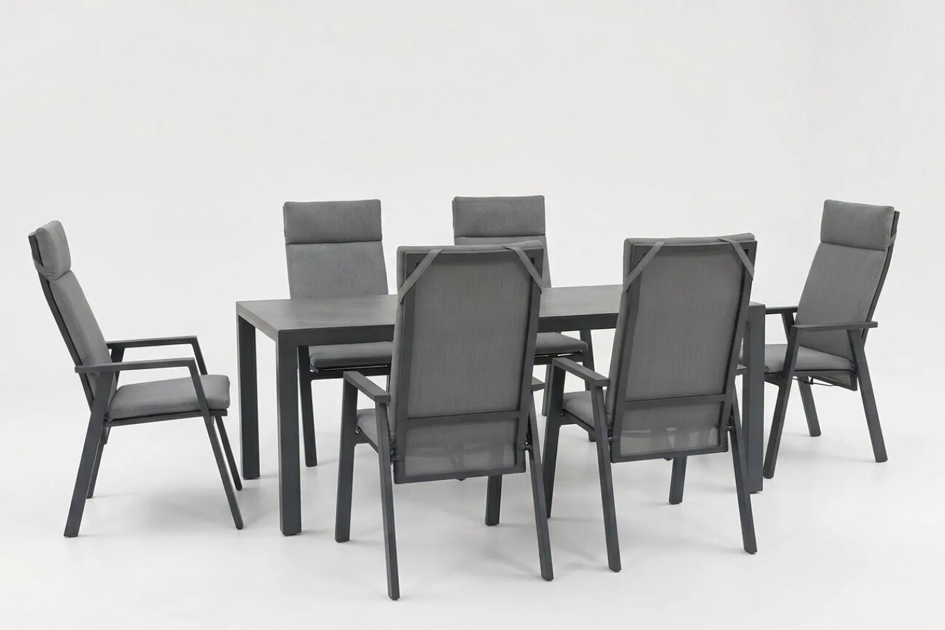 Clearance Carlos/Valencia Garten-Essgruppe, anthrazit/grau, Alu/Textilgewebe/Keramik, Esstisch 180 x 100 cm, inkl. 6 Dining Sessel, stufenlos verstellbar Garten-Essgruppen