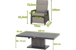 Clearance Corido/Bellani Grau Gartenlounge, charcoal/anthrazit/grau, Alu/Gardino®-Geflecht, Lifttisch 140x85 cm, 4 Relaxsessel Polyrattan-Gartenmöbel|Gartenlounge