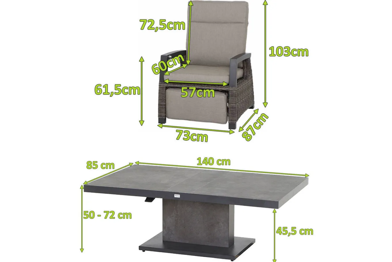 Clearance Corido/Bellani Grau Gartenlounge, charcoal/anthrazit/grau, Alu/Gardino®-Geflecht, Lifttisch 140x85 cm, 4 Relaxsessel Polyrattan-Gartenmöbel|Gartenlounge