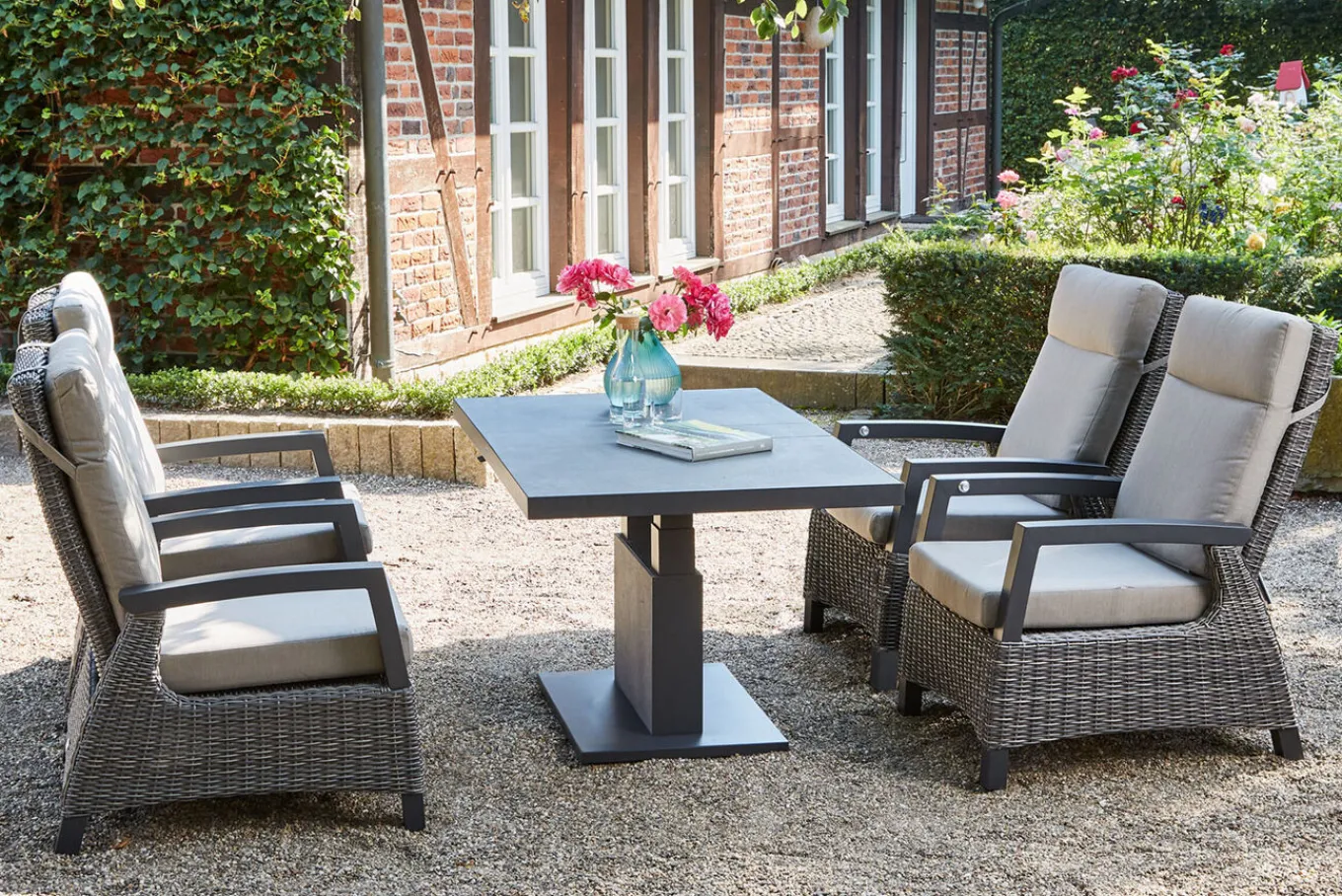 Clearance Corido/Bellani Grau Gartenlounge, charcoal/anthrazit/grau, Alu/Gardino®-Geflecht, Lifttisch 140x85 cm, 4 Loungesessel Gartenlounge