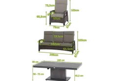 Corido/Bellani Grau Gartenlounge, charcoal/anthrazit/grau, Alu/Gardino®-Geflecht, Lifttisch 160x90cm, 1x 3-Sitzer, 2x Loungesessel Polyrattan-Gartenmöbel|Gartenlounge