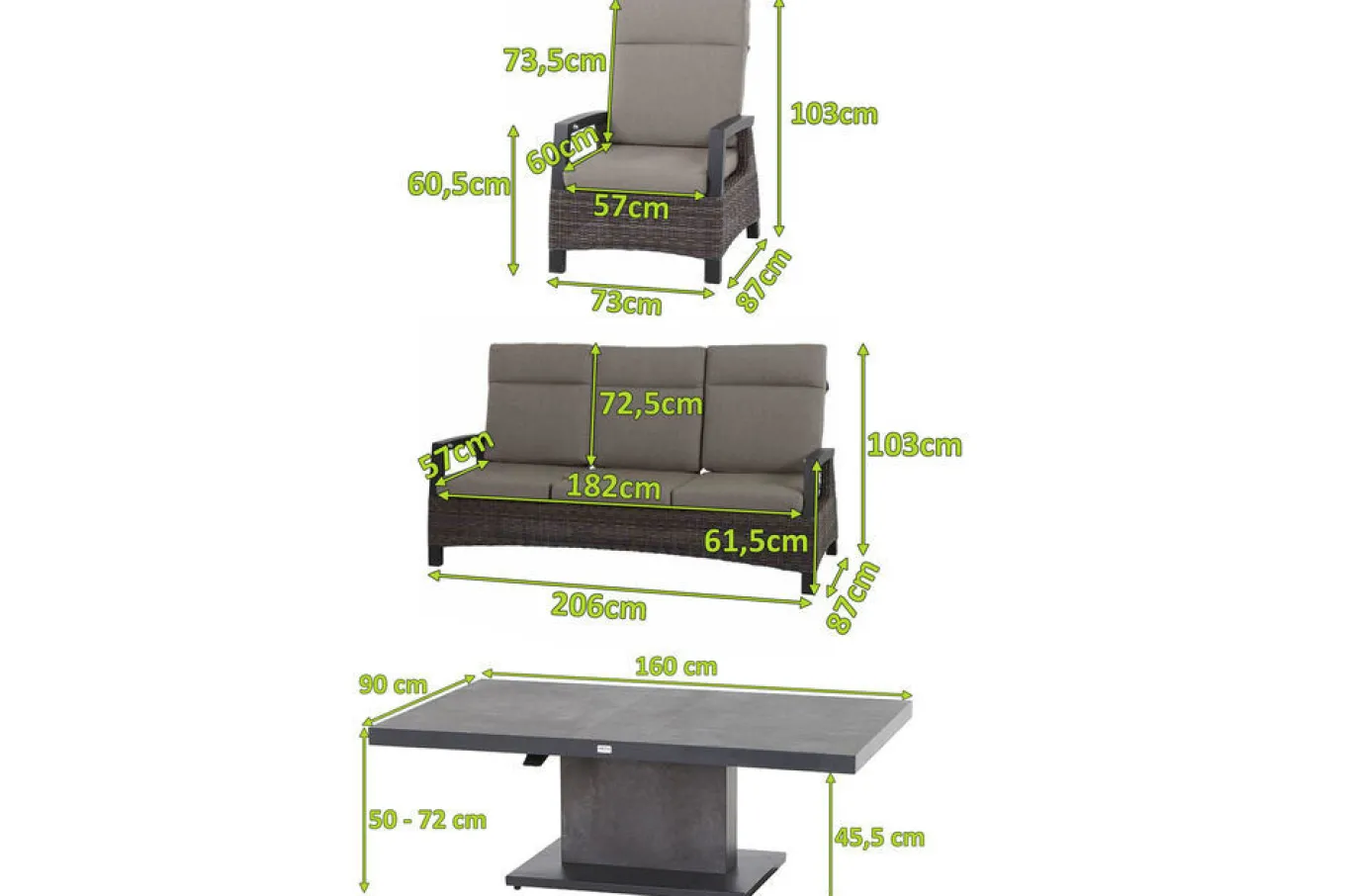 Corido/Bellani Grau Gartenlounge, charcoal/anthrazit/grau, Alu/Gardino®-Geflecht, Lifttisch 160x90cm, 1x 3-Sitzer, 2x Loungesessel Polyrattan-Gartenmöbel|Gartenlounge