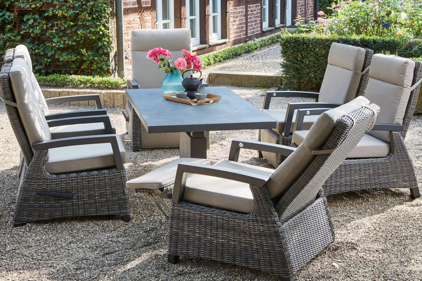 Best Corido/Bellani Grau Gartenlounge, charcoal/anthrazit/grau, Alu/Gardino®-Geflecht, Lifttisch 160x90 cm, 6 Relaxsessel Polyrattan-Gartenmöbel|Gartenlounge