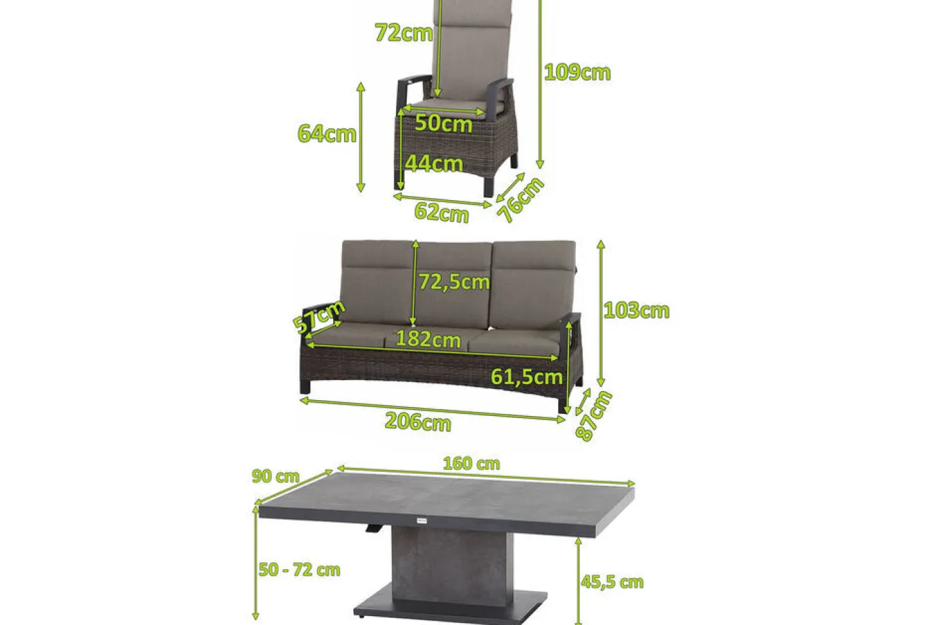 Hot Corido/Bellani Grau Gartenlounge, charcoal/anthrazit/grau, Alu/Gardino®-Geflecht, Lifttisch 160x90 cm, 1x 3-Sitzer, 2 Sessel Polyrattan-Gartenmöbel|Aluminium-Gartenmöbel