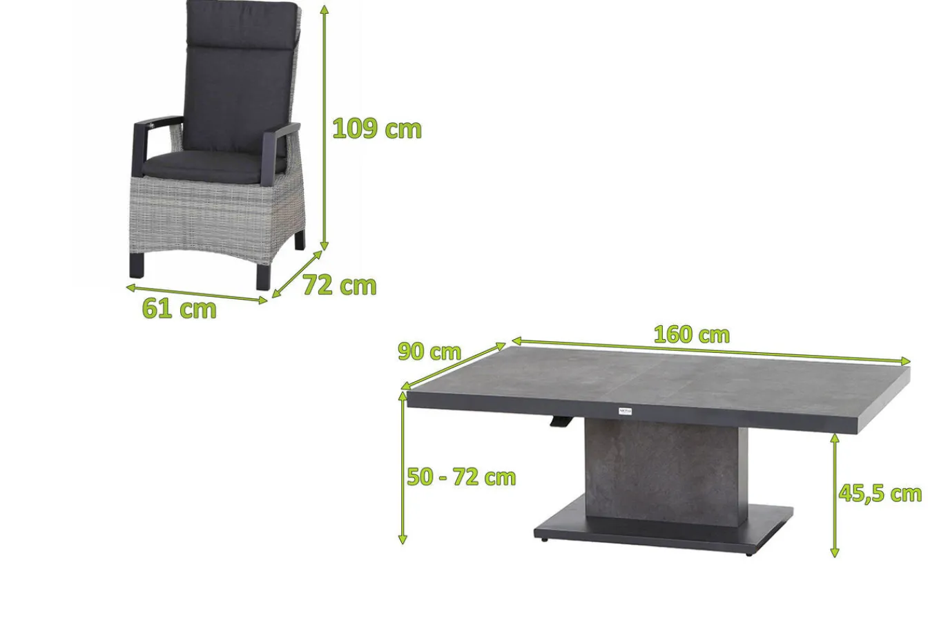 New Corido/Bellani Garten-Essgruppe, grau/anthrazit, Alu/Geflecht/Keramik, 160 x 90 x 50-72cm, inkl. 4 Diningsessel Garten-Essgruppen|Aluminium-Gartenmöbel