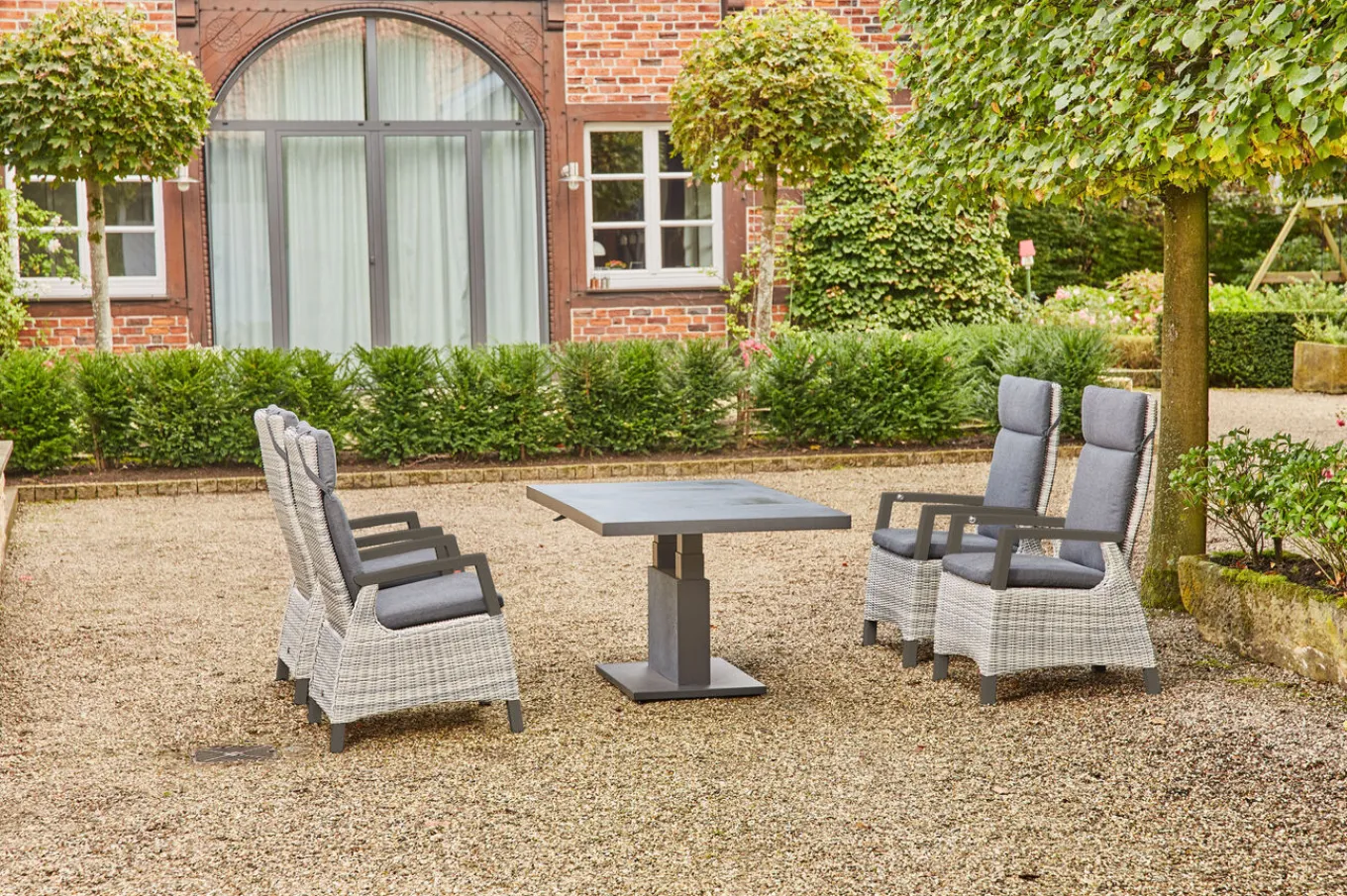 New Corido/Bellani Garten-Essgruppe, grau/anthrazit, Alu/Geflecht/Keramik, 160 x 90 x 50-72cm, inkl. 4 Diningsessel Garten-Essgruppen|Aluminium-Gartenmöbel