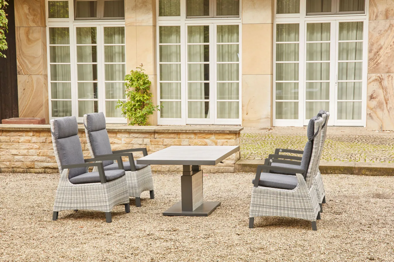 Online Corido/Bellani Garten-Essgruppe, anthrazit/grau, Alu/Geflecht/Keramik, 140 x 85 x 50-72cm, inkl. 4 Diningsessel Garten-Essgruppen|Aluminium-Gartenmöbel