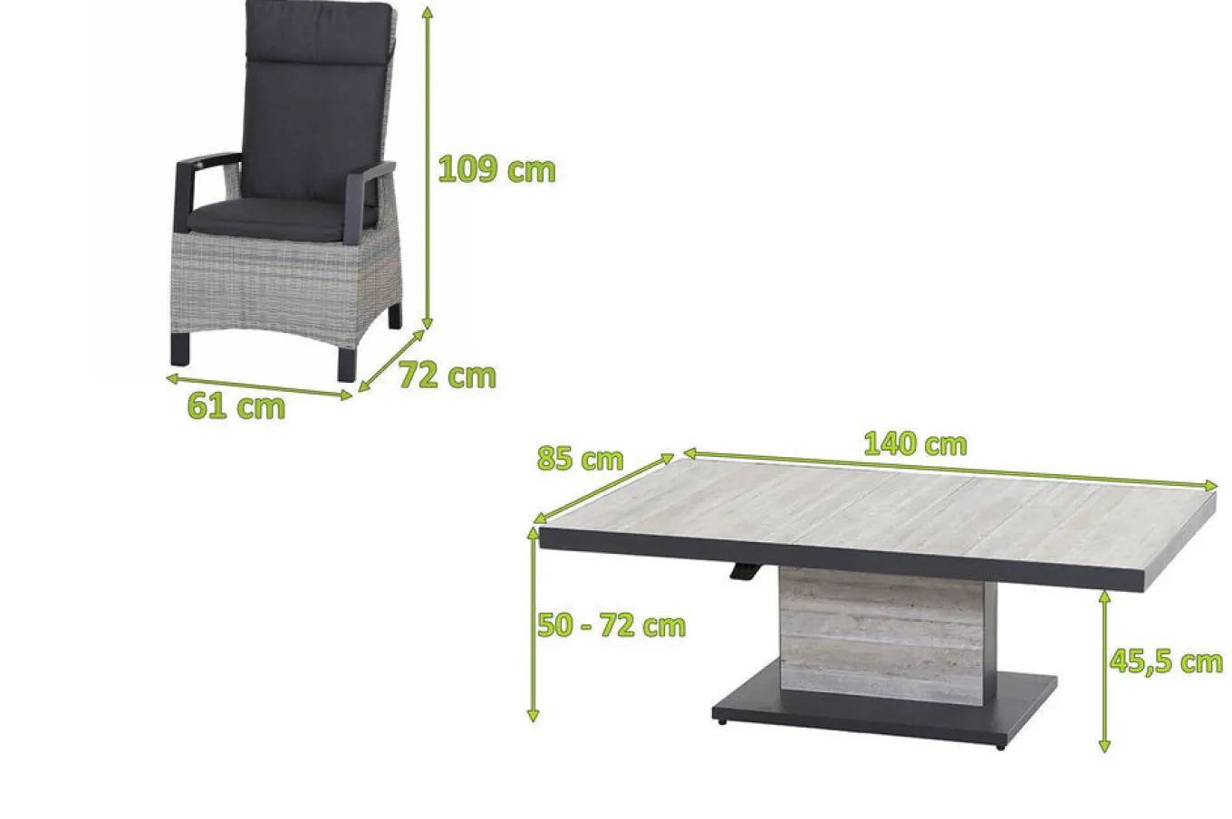 Online Corido/Bellani Garten-Essgruppe, anthrazit/grau, Alu/Geflecht/Keramik, 140 x 85 x 50-72cm, inkl. 4 Diningsessel Garten-Essgruppen|Aluminium-Gartenmöbel