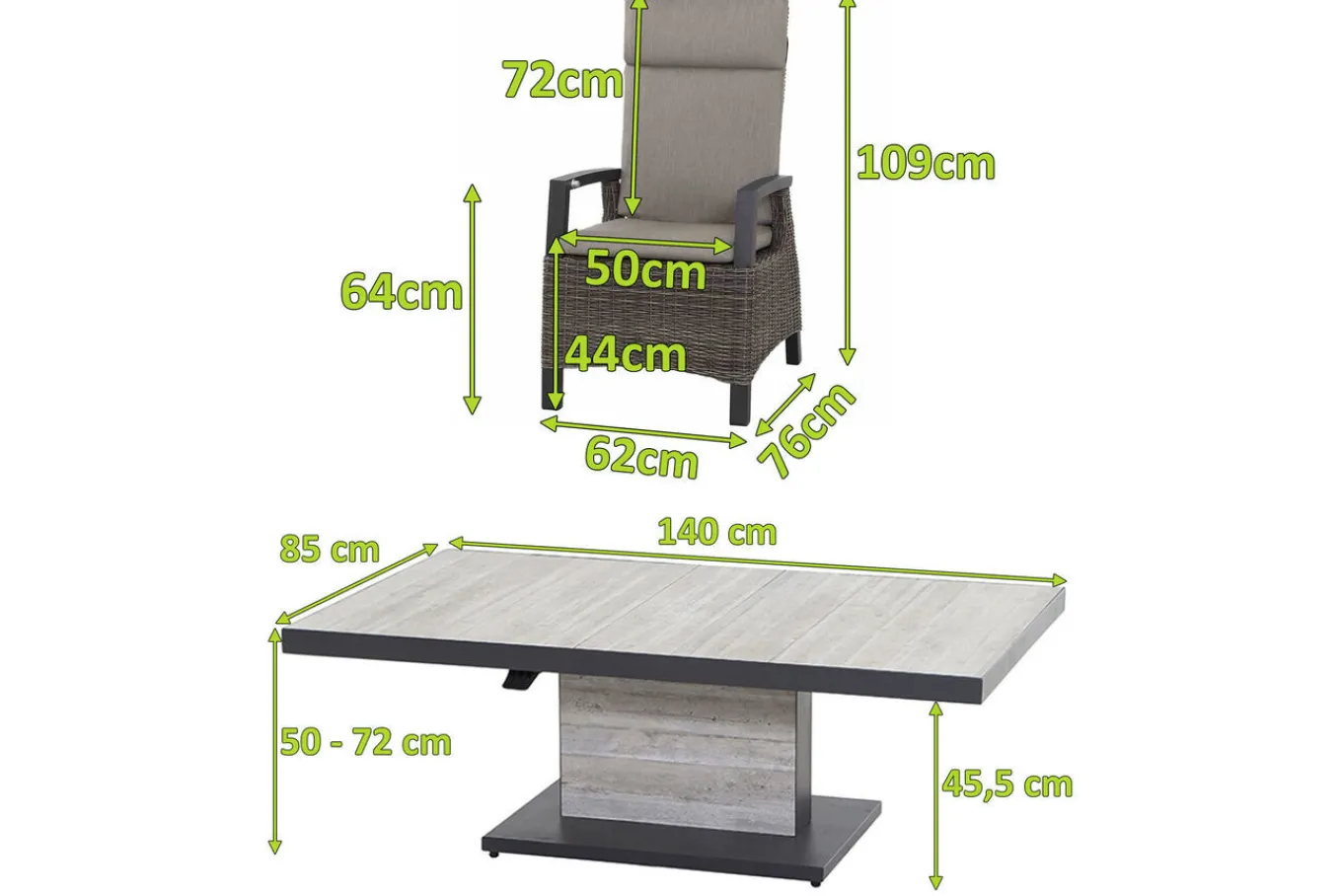 New Corido/Bellani Pinie Gartenlounge, charcoal/anthrazit/pinie-grau, Alu/Keramik/Gardino®-Geflecht, Lifttisch 140x85 cm, 4 Dining Move Sessel Polyrattan-Gartenmöbel|Gartenlounge