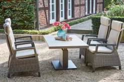 New Corido/Bellani Pinie Gartenlounge, charcoal/anthrazit/pinie-grau, Alu/Keramik/Gardino®-Geflecht, Lifttisch 140x85 cm, 4 Dining Move Sessel Polyrattan-Gartenmöbel|Gartenlounge