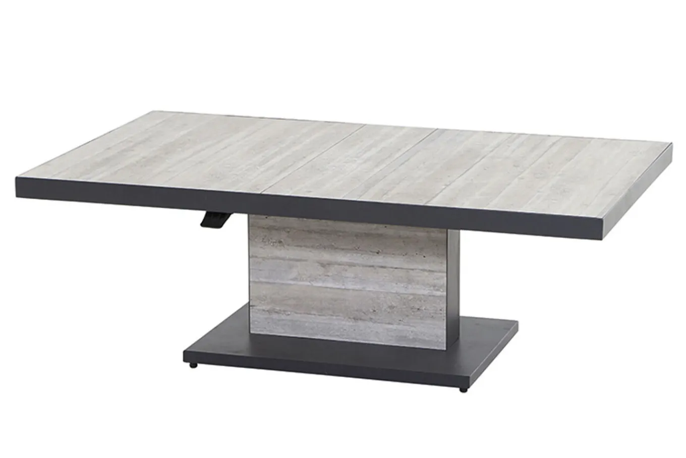 New Corido/Bellani Pinie Gartenlounge, charcoal/anthrazit/pinie-grau, Alu/Keramik/Gardino®-Geflecht, Lifttisch 140x85 cm, 4 Dining Move Sessel Polyrattan-Gartenmöbel|Gartenlounge