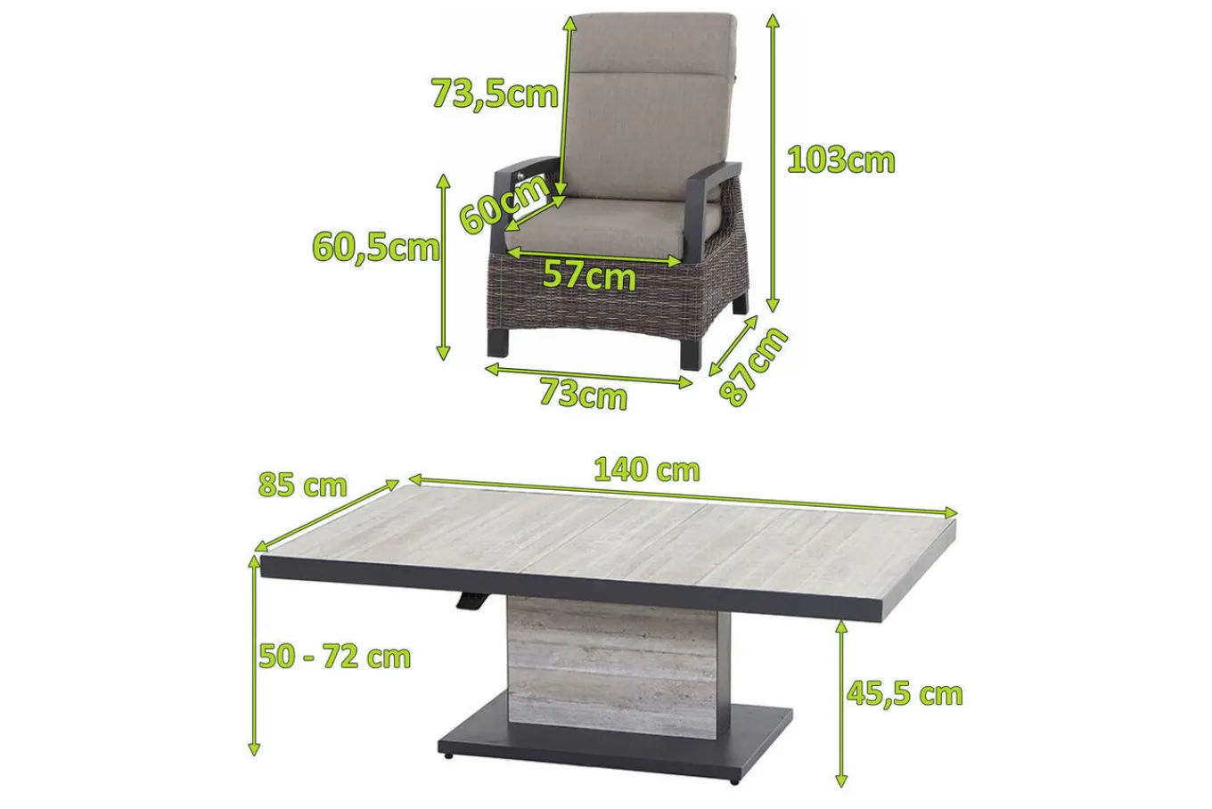 Online Corido/Bellani Pinie Gartenlounge, charcoal/anthrazit/pinie-grau, Alu/Keramik/Gardino®-Geflecht, Lifttisch 140x85 cm, 4 Loungesessel Polyrattan-Gartenmöbel|Gartenlounge