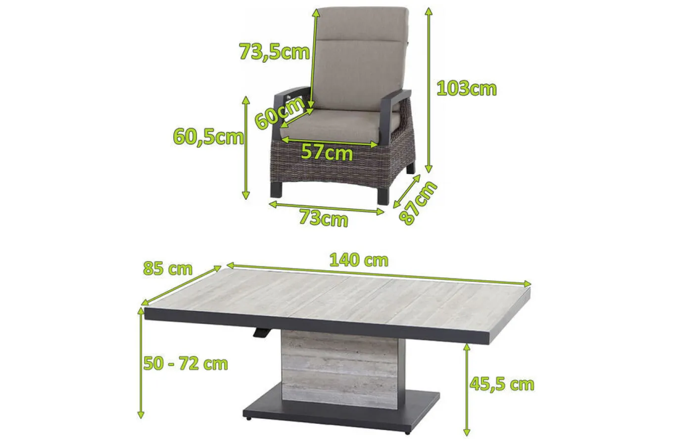 Online Corido/Bellani Pinie Gartenlounge, charcoal/anthrazit/pinie-grau, Alu/Keramik/Gardino®-Geflecht, Lifttisch 140x85 cm, 4 Loungesessel Polyrattan-Gartenmöbel|Gartenlounge