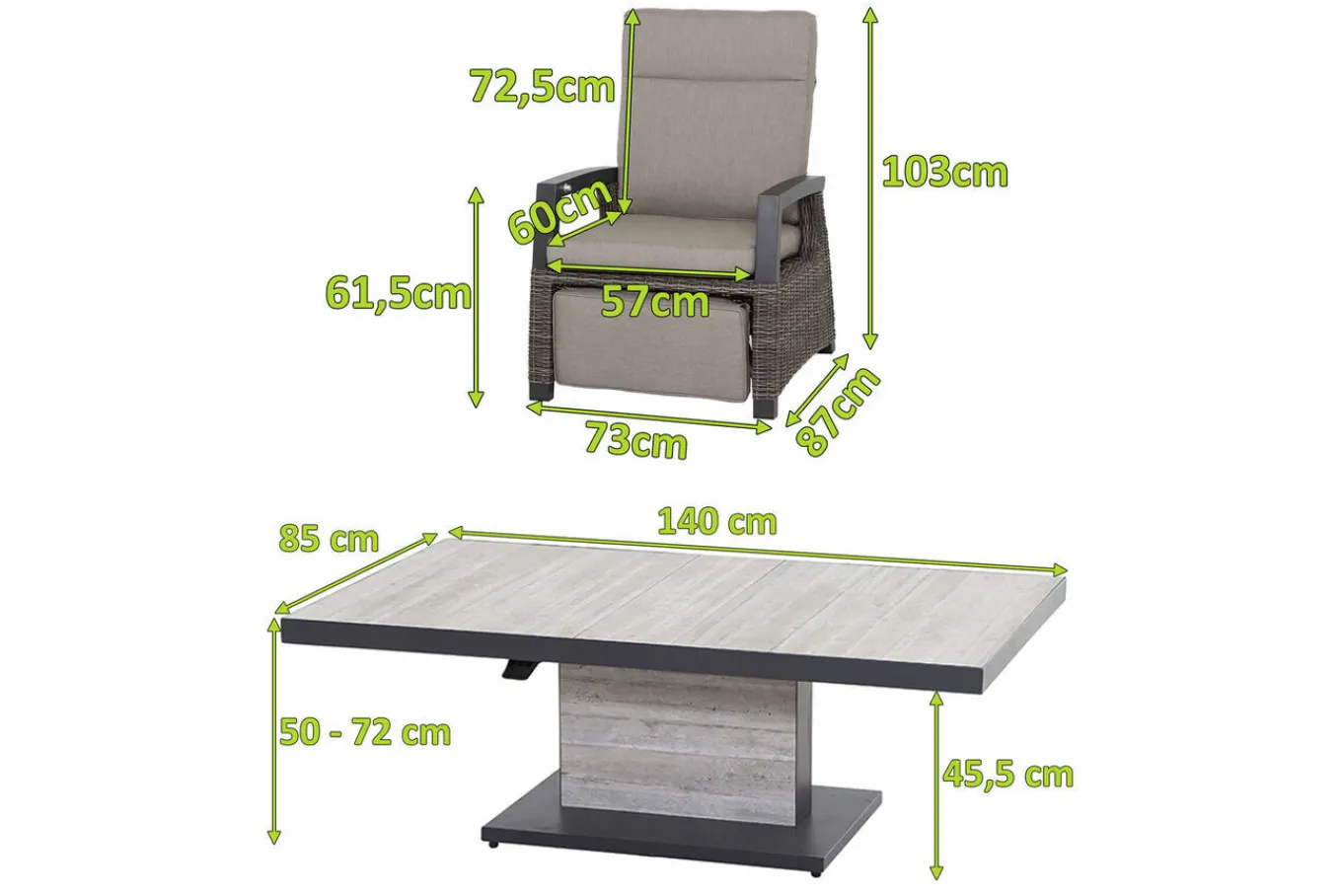 Corido/Bellani Pinie Gartenlounge, charcoal/anthrazit/pinie-grau, Alu/Keramik/Gardino®-Geflecht, Lifttisch 140x85 cm, 4 Relaxsessel Polyrattan-Gartenmöbel|Gartenlounge