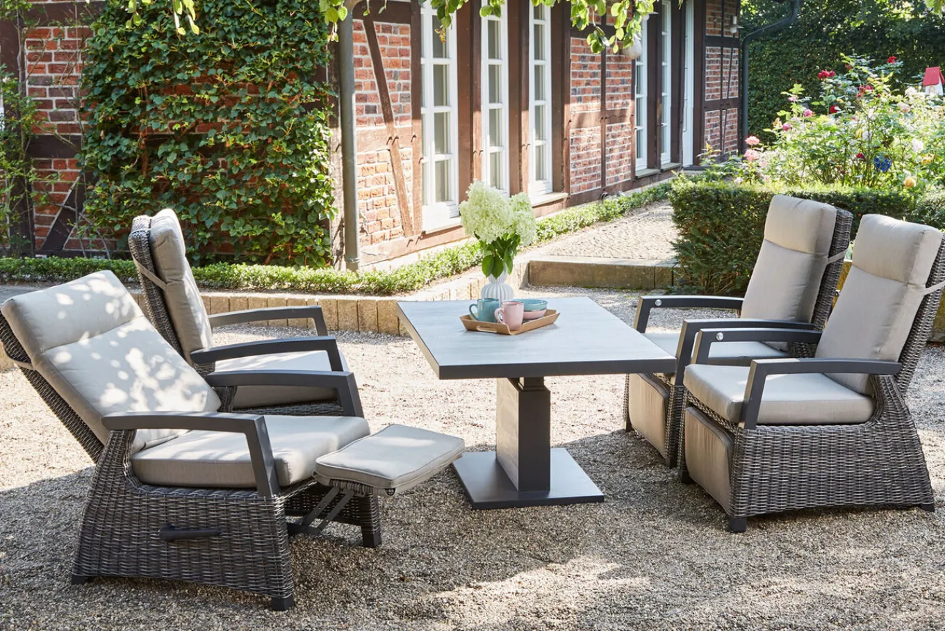 Corido/Bellani Pinie Gartenlounge, charcoal/anthrazit/pinie-grau, Alu/Keramik/Gardino®-Geflecht, Lifttisch 140x85 cm, 4 Relaxsessel Polyrattan-Gartenmöbel|Gartenlounge