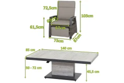Corido/Bellani Pinie Gartenlounge, charcoal/anthrazit/pinie-grau, Alu/Keramik/Gardino®-Geflecht, Lifttisch 140x85 cm, 4 Relaxsessel Polyrattan-Gartenmöbel|Gartenlounge