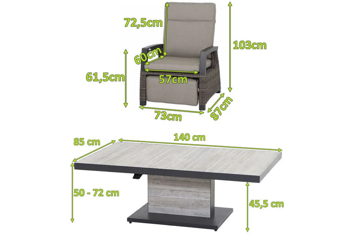 Corido/Bellani Pinie Gartenlounge, charcoal/anthrazit/pinie-grau, Alu/Keramik/Gardino®-Geflecht, Lifttisch 140x85 cm, 4 Relaxsessel Polyrattan-Gartenmöbel|Gartenlounge