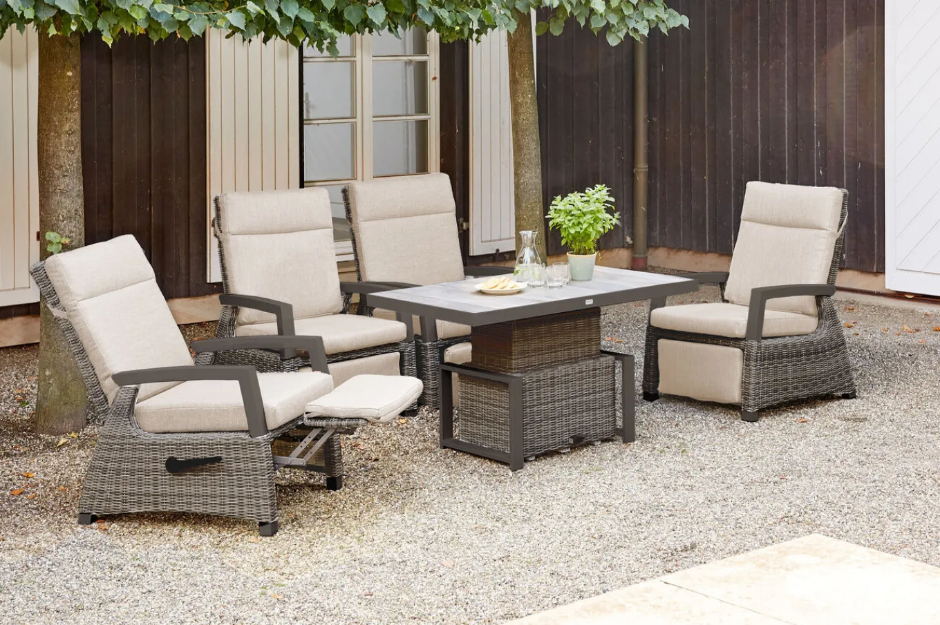 Online Corido Garten-Essgruppe, charcoal, Alu / Gardino®-Geflecht, 4 Relaxsessel, stufenloser Lifttisch 130x75x47-71cm Polyrattan-Gartenmöbel|Gartenlounge