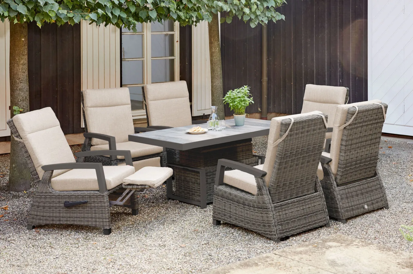 Corido Garten-Essgruppe, charcoal, Alu / Gardino®-Geflecht, 6 Relaxsessel, stufenloser Lifttisch 160x90x47-71cm Polyrattan-Gartenmöbel|Gartenlounge