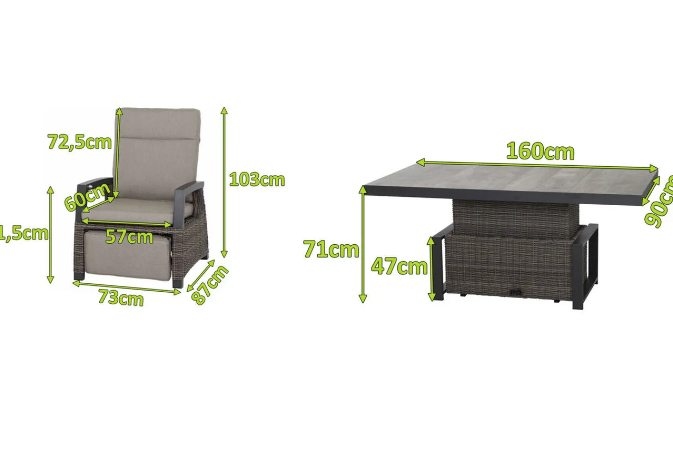Corido Garten-Essgruppe, charcoal, Alu / Gardino®-Geflecht, 6 Relaxsessel, stufenloser Lifttisch 160x90x47-71cm Polyrattan-Gartenmöbel|Gartenlounge
