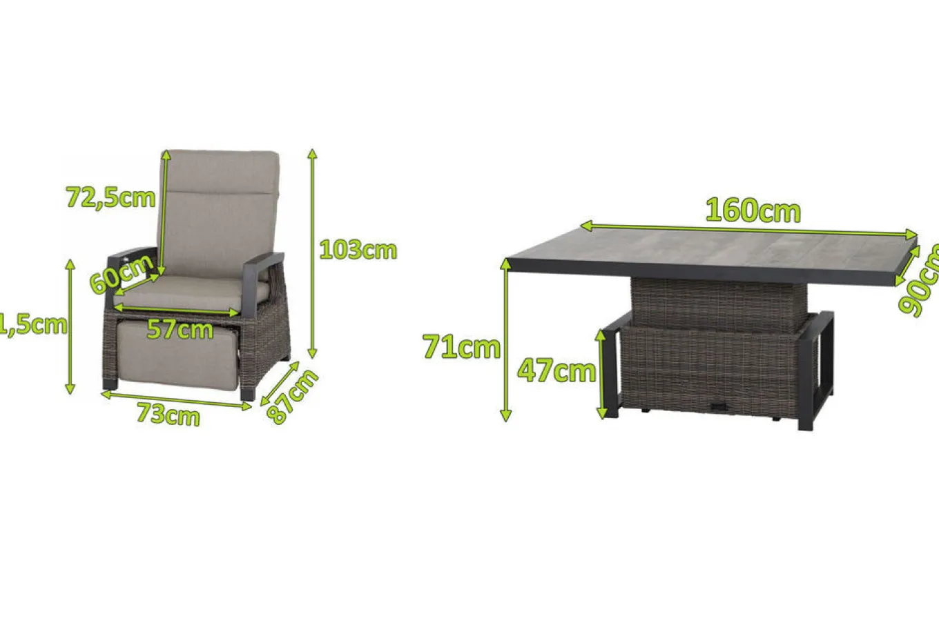 Corido Garten-Essgruppe, charcoal, Alu / Gardino®-Geflecht, 6 Relaxsessel, stufenloser Lifttisch 160x90x47-71cm Polyrattan-Gartenmöbel|Gartenlounge