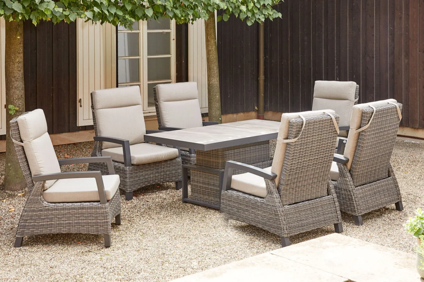 Discount Corido Garten-Essgruppe, charcoal, Alu / Gardino®-Geflecht, 6 Loungesessel, stufenloser Lifttisch 160x90x47-71cm Polyrattan-Gartenmöbel|Gartenlounge