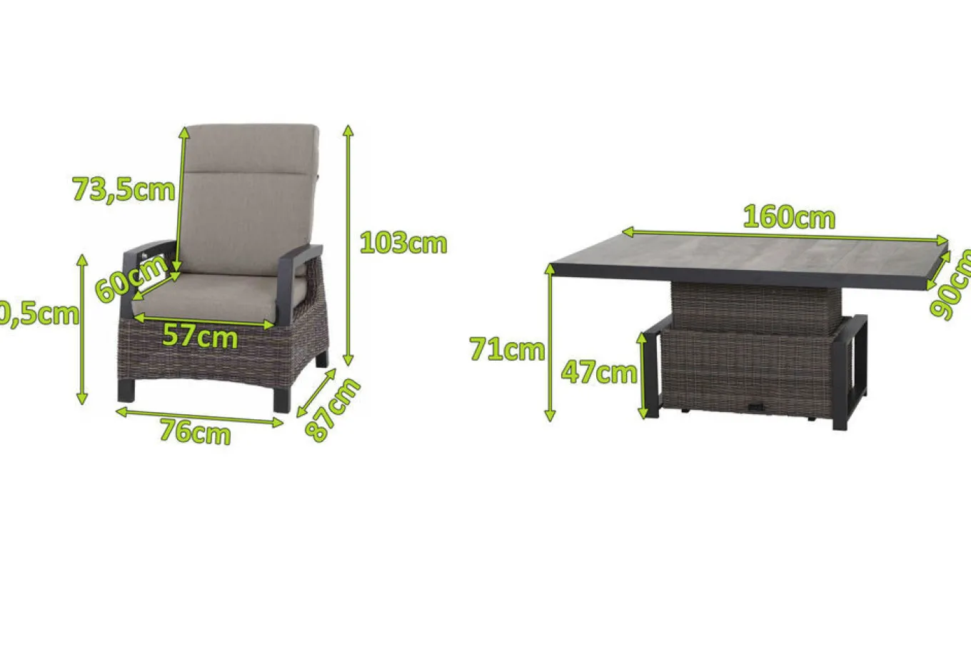 Discount Corido Garten-Essgruppe, charcoal, Alu / Gardino®-Geflecht, 6 Loungesessel, stufenloser Lifttisch 160x90x47-71cm Polyrattan-Gartenmöbel|Gartenlounge