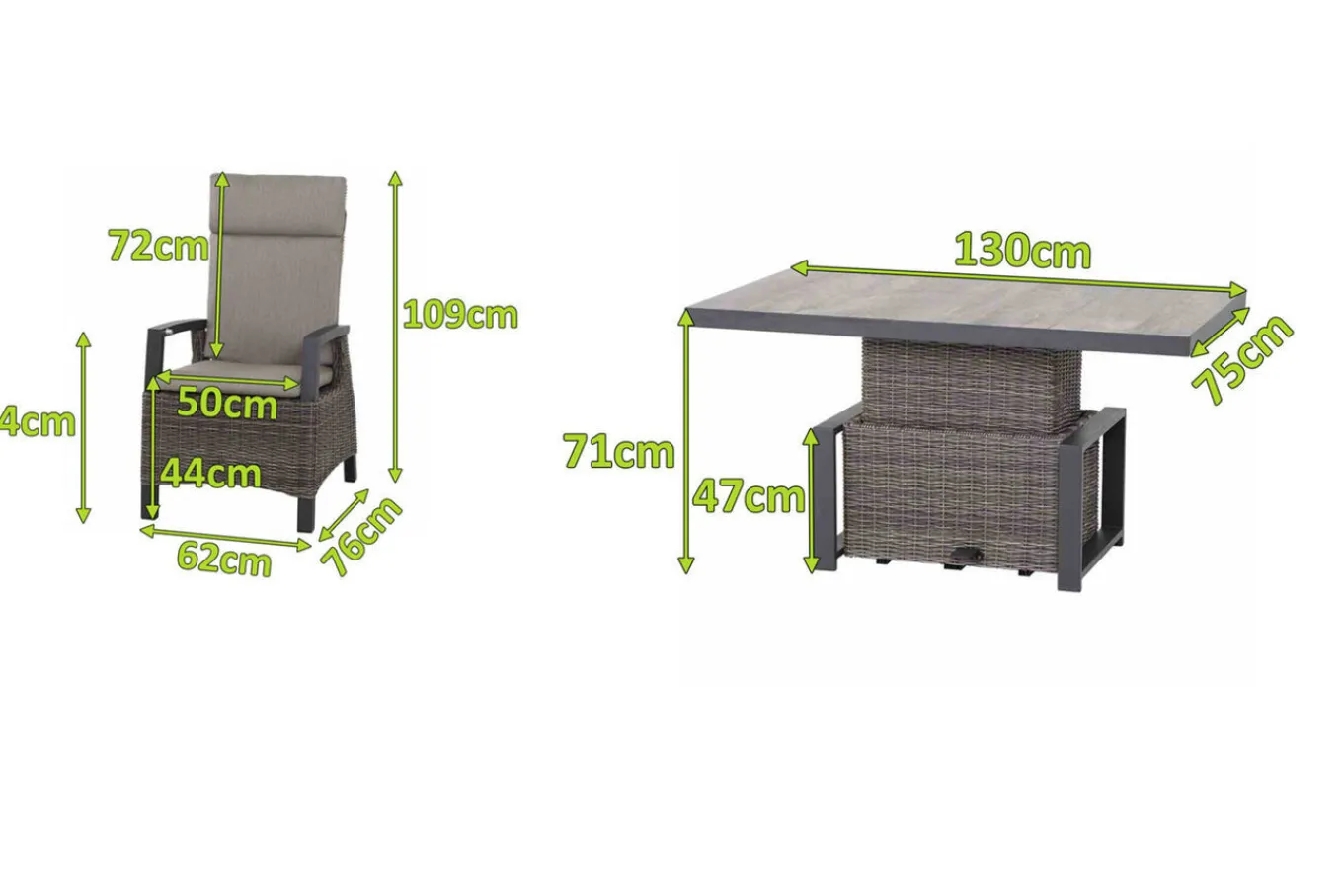 Discount Corido Garten-Essgruppe, charcoal, Alu / Gardino®-Geflecht, 4 Diningsessel, stufenloser Lifttisch 130x 75 x 47-71 cm Polyrattan-Gartenmöbel|Garten-Essgruppen