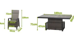 Corido Garten-Essgruppe, charcoal, Alu / Gardino®-Geflecht, 6 Diningsessel, stufenloser Lifttisch 160 x 90 x 47-71 cm Polyrattan-Gartenmöbel|Garten-Essgruppen