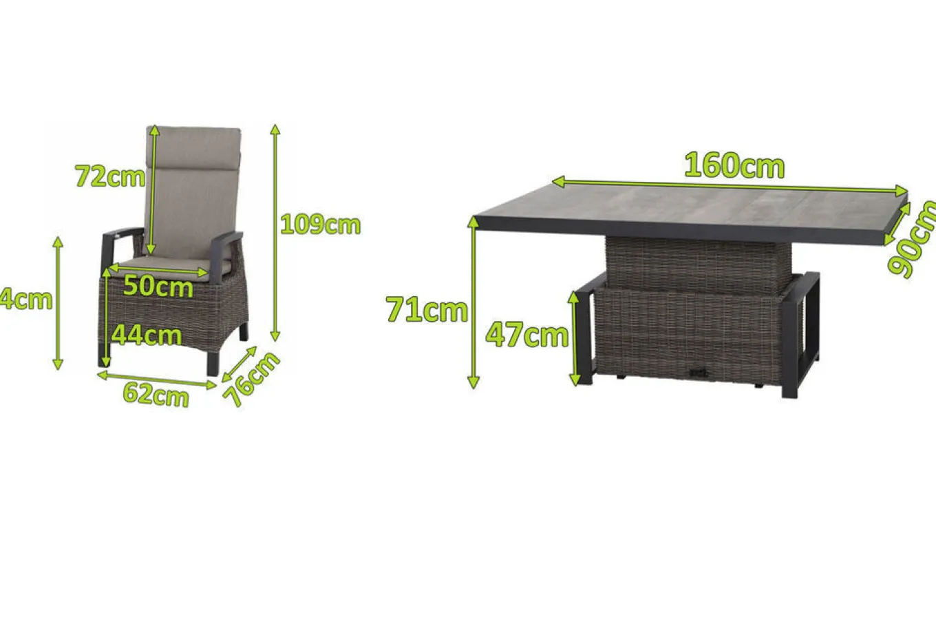 Corido Garten-Essgruppe, charcoal, Alu / Gardino®-Geflecht, 6 Diningsessel, stufenloser Lifttisch 160 x 90 x 47-71 cm Polyrattan-Gartenmöbel|Garten-Essgruppen