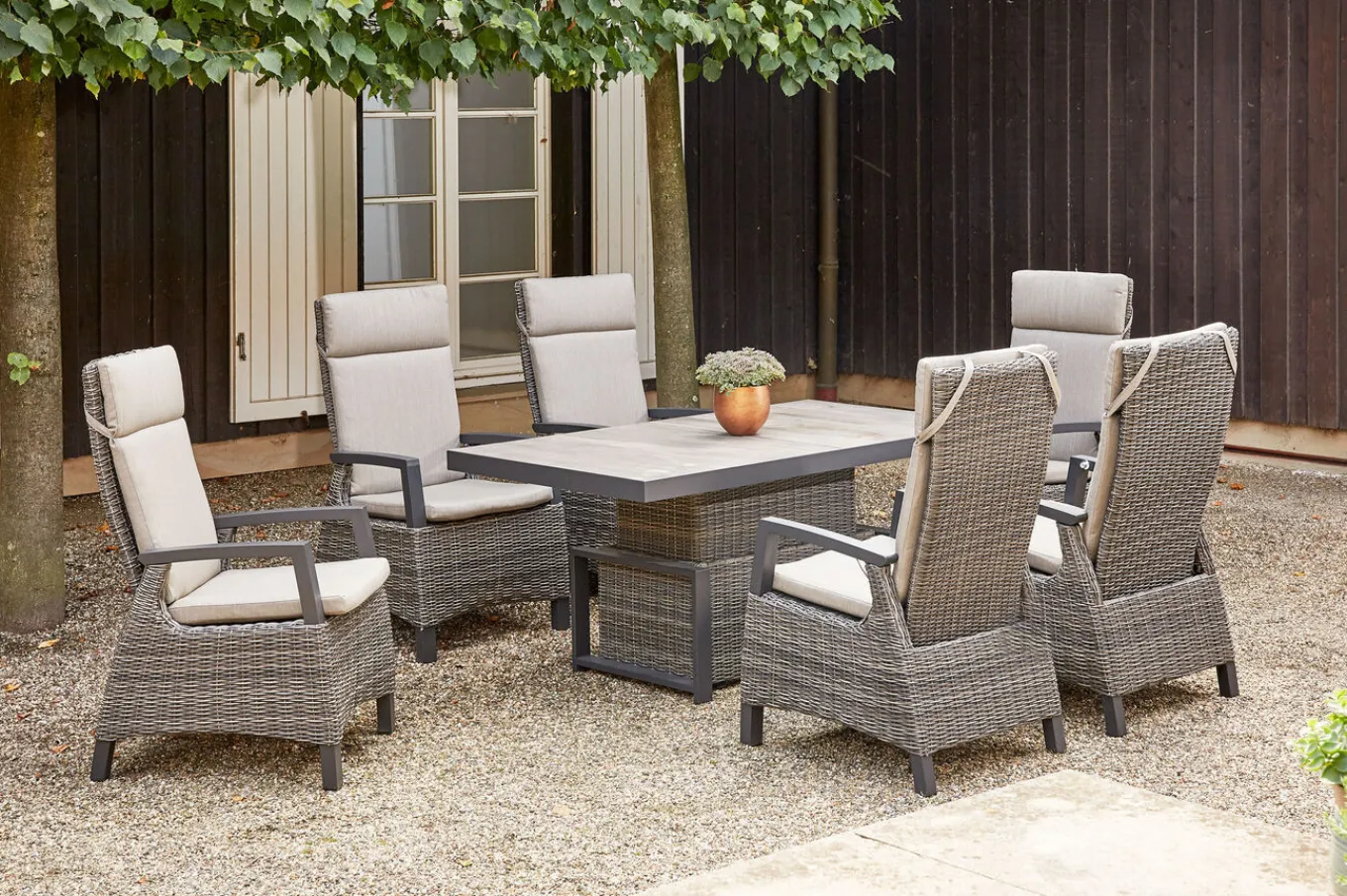 Corido Garten-Essgruppe, charcoal, Alu / Gardino®-Geflecht, 6 Diningsessel, stufenloser Lifttisch 160 x 90 x 47-71 cm Polyrattan-Gartenmöbel|Garten-Essgruppen
