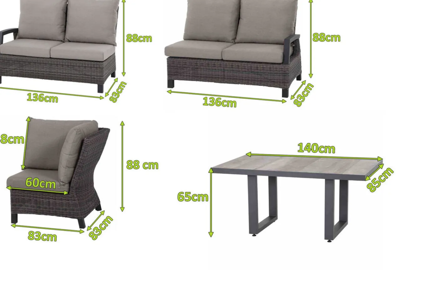 Outlet Corido Gartenlounge, charcoal, Alu/Gardino®-Geflecht, 5 Personen, Loungetisch 140x85cm Polyrattan-Gartenmöbel|Gartenlounge
