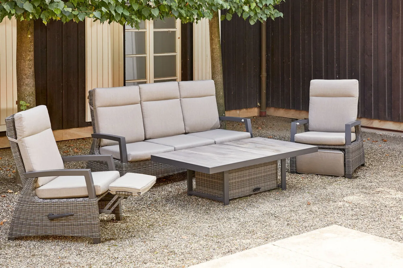 Discount Corido Gartenlounge, charcoal, Alu/Gardino®-Geflecht, 2 Relaxsessel + 3er Sofa, stufenloser Lifttisch 160x90x47-71cm Polyrattan-Gartenmöbel|Gartenlounge