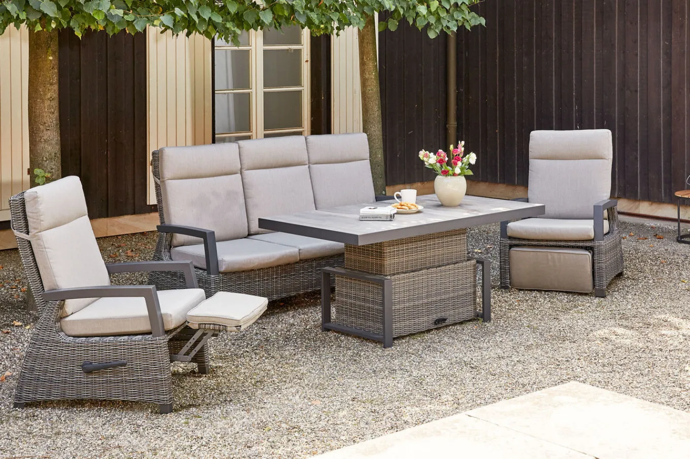 Discount Corido Gartenlounge, charcoal, Alu/Gardino®-Geflecht, 2 Relaxsessel + 3er Sofa, stufenloser Lifttisch 160x90x47-71cm Polyrattan-Gartenmöbel|Gartenlounge