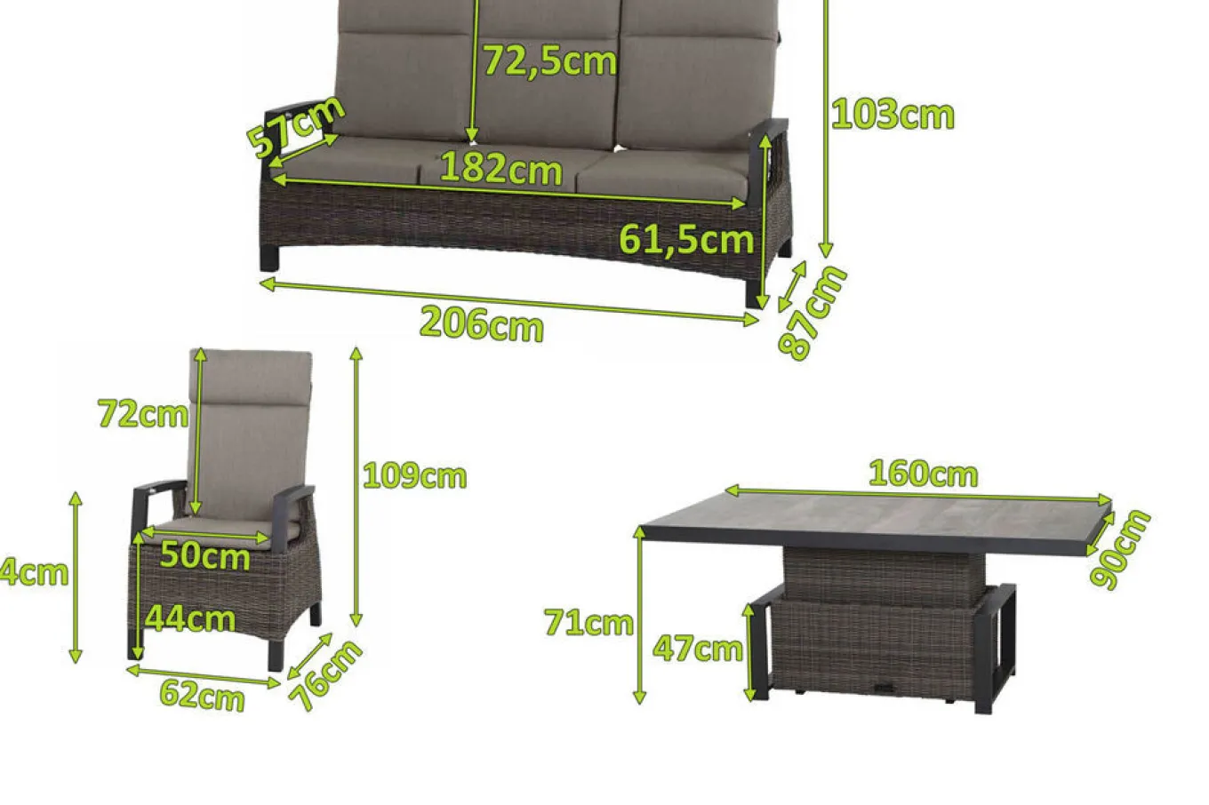 Clearance Corido Gartenlounge, charcoal, Alu/Gardino®-Geflecht, 2 Diningsessel + 3er Sofa, stufenloser Lifttisch 160x90x47-71cm Polyrattan-Gartenmöbel|Gartenlounge