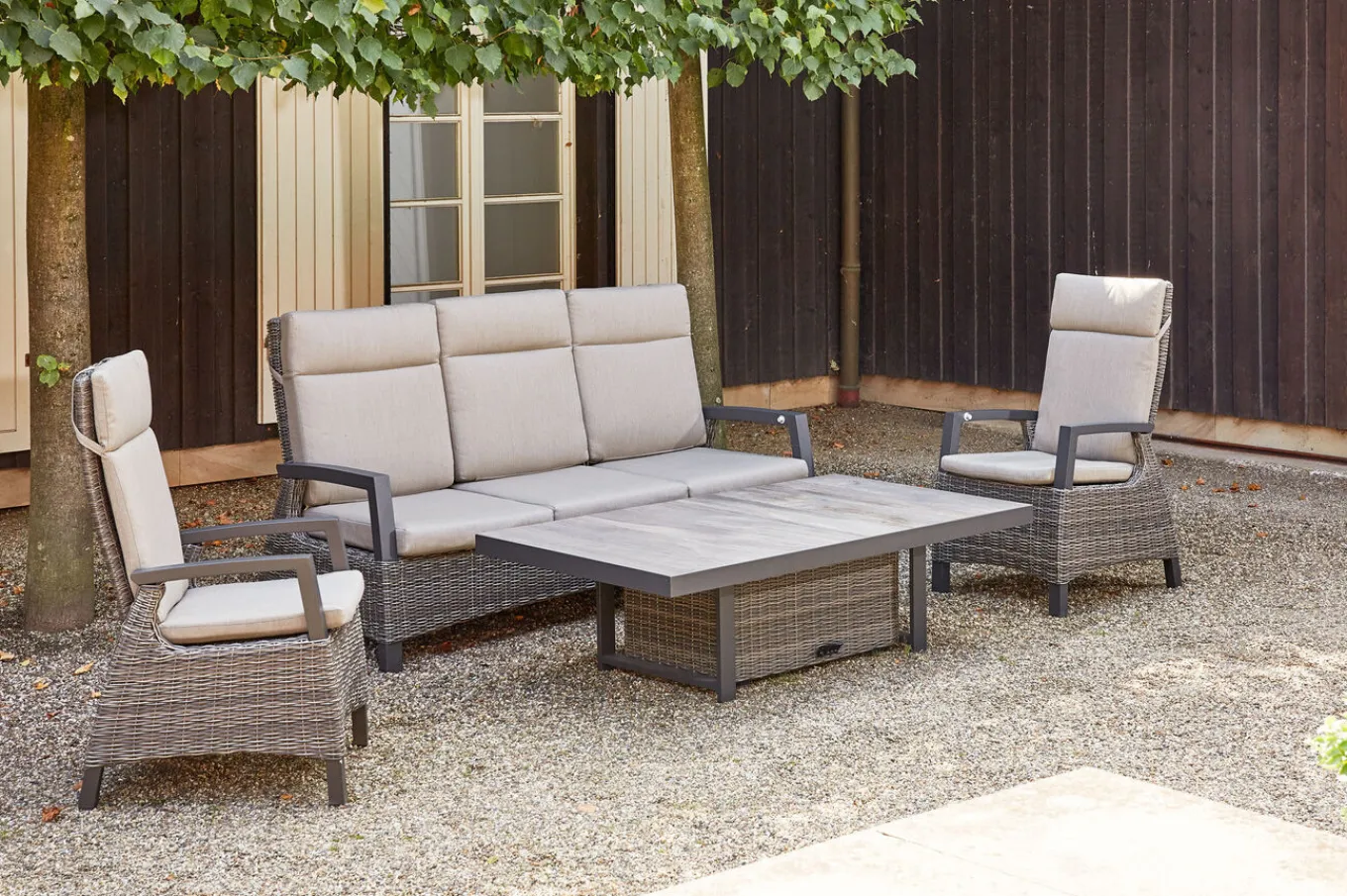 Clearance Corido Gartenlounge, charcoal, Alu/Gardino®-Geflecht, 2 Diningsessel + 3er Sofa, stufenloser Lifttisch 160x90x47-71cm Polyrattan-Gartenmöbel|Gartenlounge