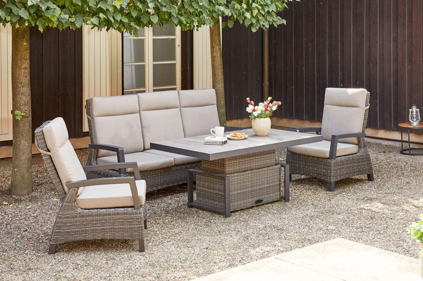 Online Corido Gartenlounge, charcoal, Alu/Gardino®-Geflecht, 2 Loungesessel + 3er Sofa, stufenloser Lifttisch 160x90x47-71cm Polyrattan-Gartenmöbel|Gartenlounge