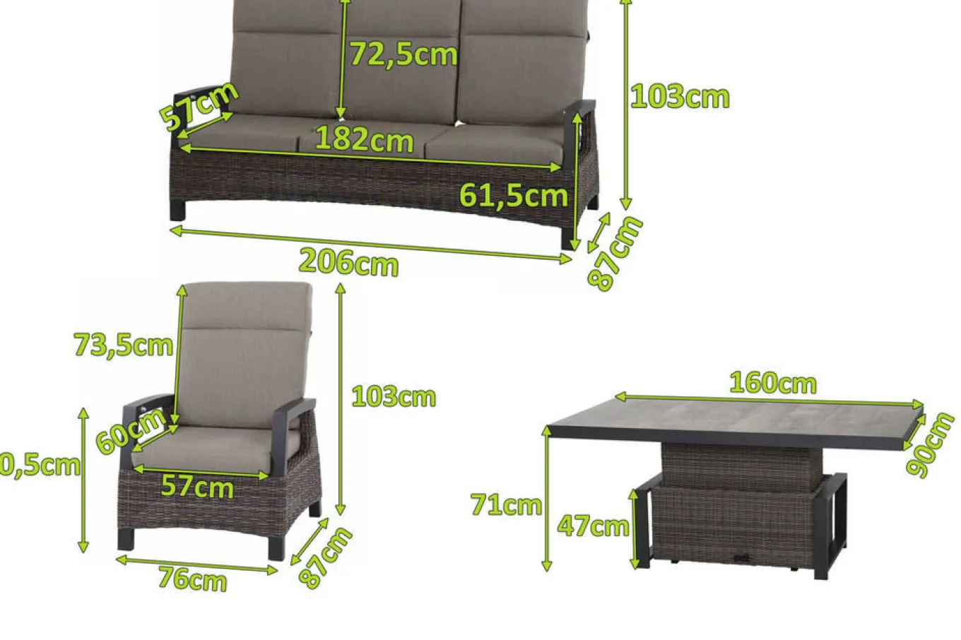 Online Corido Gartenlounge, charcoal, Alu/Gardino®-Geflecht, 2 Loungesessel + 3er Sofa, stufenloser Lifttisch 160x90x47-71cm Polyrattan-Gartenmöbel|Gartenlounge