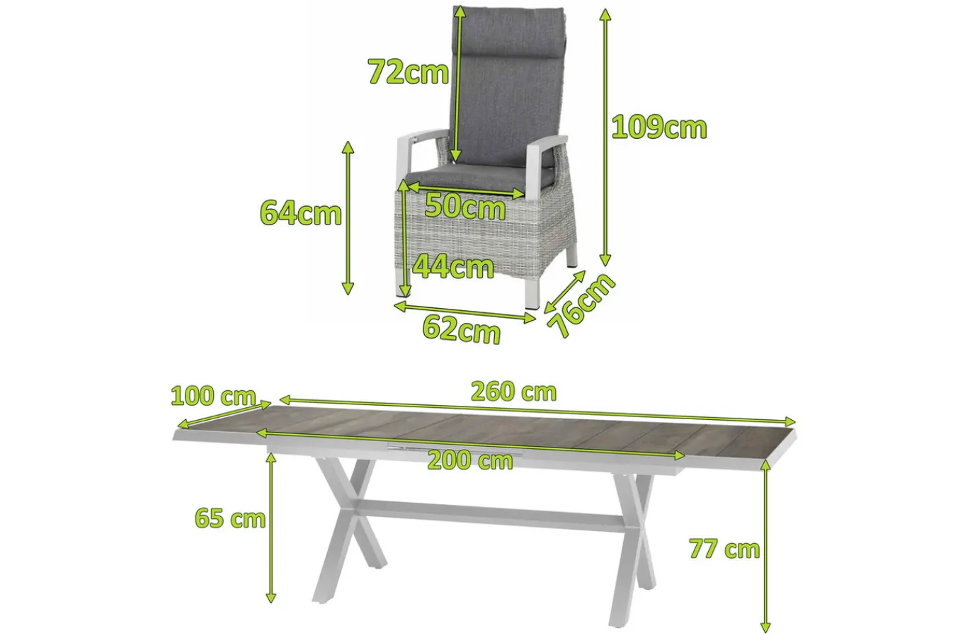 Best Corido/Sincro Garten-Essgruppe, ice grey/weiß grau, Alu/Gardino®-Geflecht/Keramik, Ausziehtisch 200/260x100 cm, 6 Diningsessel Polyrattan-Gartenmöbel|Garten-Essgruppen