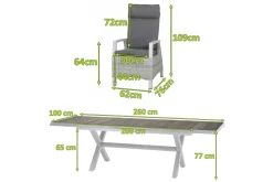 Hot Corido/Sincro Garten-Essgruppe, ice grey/weiß grau, Alu/Gardino®-Geflecht/Keramik, Ausziehtisch 200/260x100 cm, 8 Dining Move Sessel Polyrattan-Gartenmöbel|Garten-Essgruppen